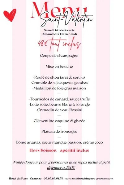 Menu de la Saint Valentin à l'Hôtel du Parc