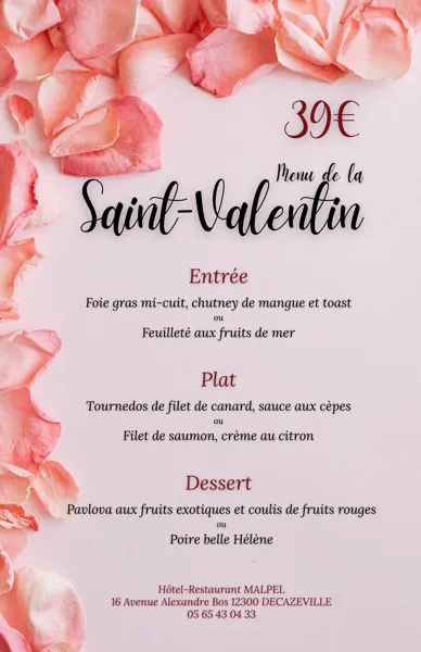 Menu de la Saint Valentin à l'Hôtel restaurant ...