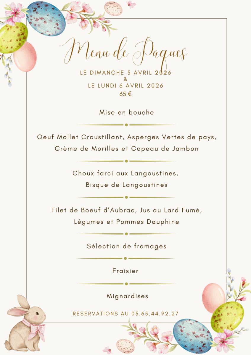 Menu de Pâques Dimanche 5 avril et Lundi 6 avril