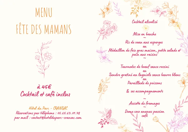 Menu de la fête des mères à l'Hôtel du Parc