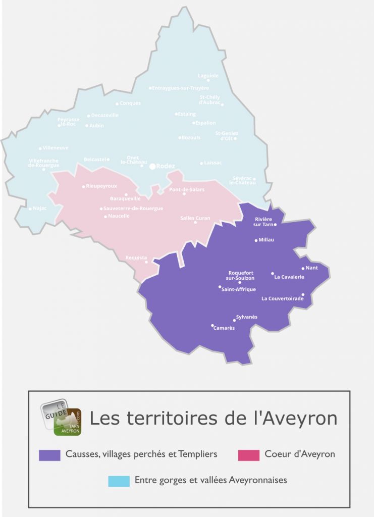 Map of Aveyron, territory of the Causses, perched villages and Templars